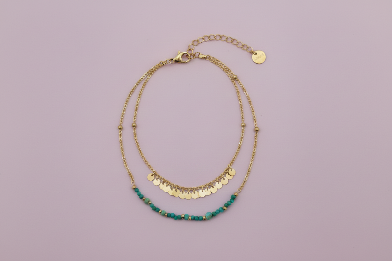 Bracelet sequin doré turquoise fond lilas