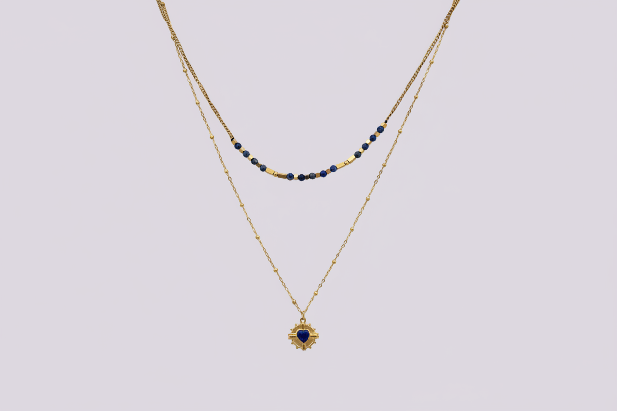 Collier Lapis Boussole double rang doré